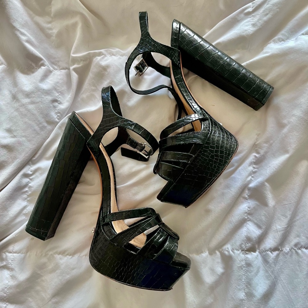 Schutz Black Croc-Embossed Platform Heels